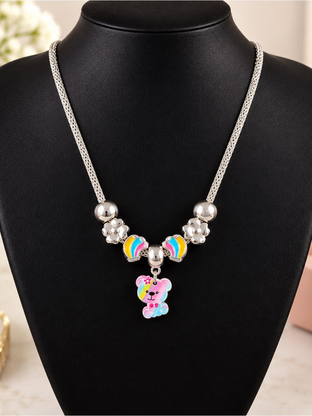 Silver Tone Necklace with Pink Rainbow Bear Charm